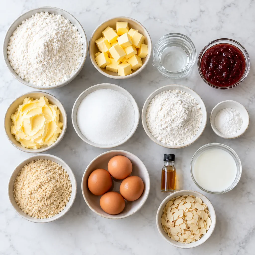 Flat-lay of ingredients for Bakewell traybake including ground almonds, raspberry jam, and flaked almonds