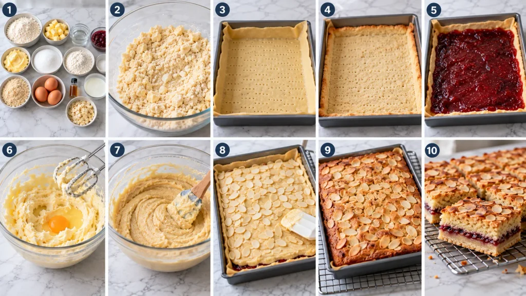 Step-by-step panels showing pastry being blind baked and almond sponge being spread over jam