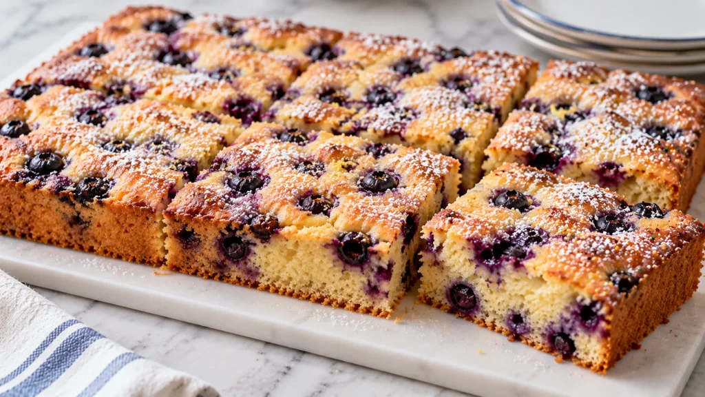 Mary Berry Blueberry Traybake sliced into rectangles with a dusting of icing sugar