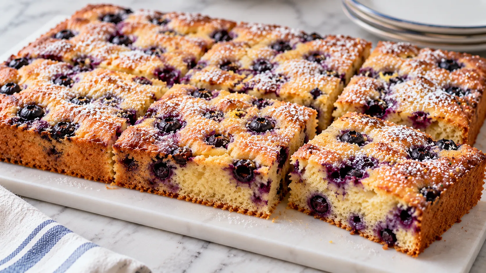 Mary Berry Blueberry Traybake sliced into rectangles with a dusting of icing sugar