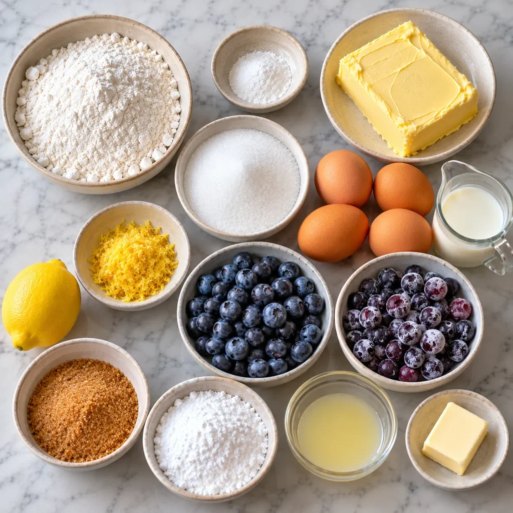 Flat-lay of ingredients for Mary Berry Blueberry Traybake, including fresh blueberries, lemon zest, flour, and eggs