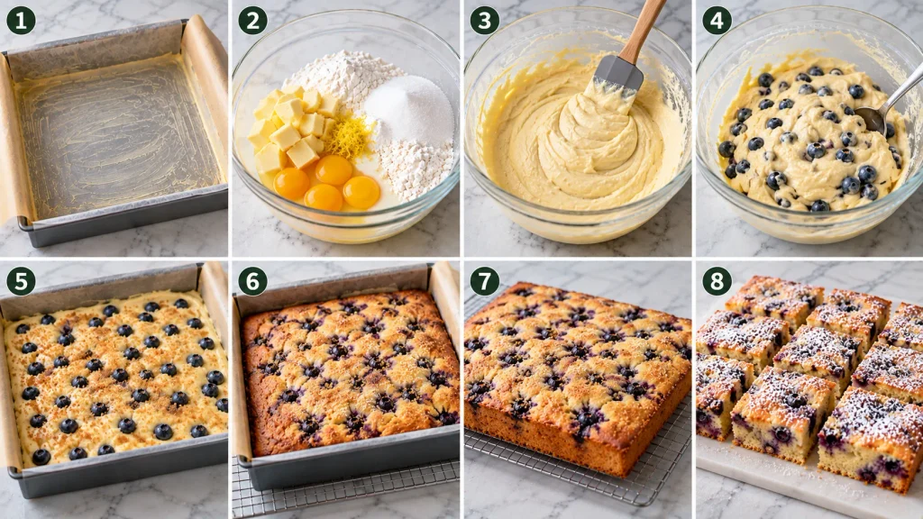 Step-by-step panels showing batter mixing, folding in blueberries, and baking of the traybake