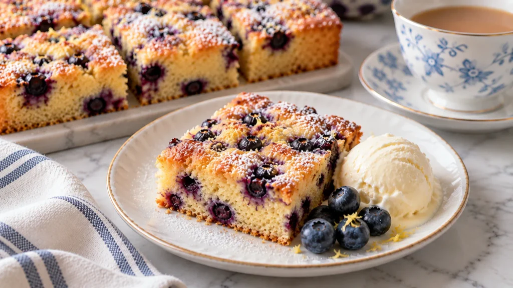 Sliced Blueberry Traybake served with a cup of tea and fresh berries on the side