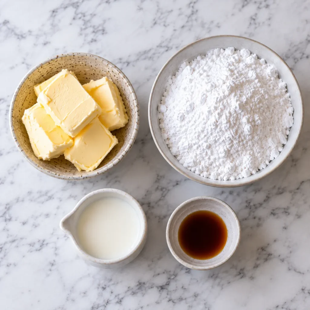 Flat-lay of ingredients for Mary Berry Buttercream Icing including unsalted butter, icing sugar, milk and vanilla extract