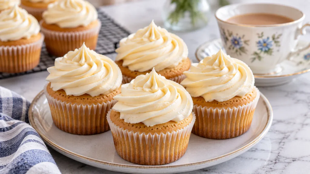 Cupcakes decorated with piped buttercream icing arranged for serving