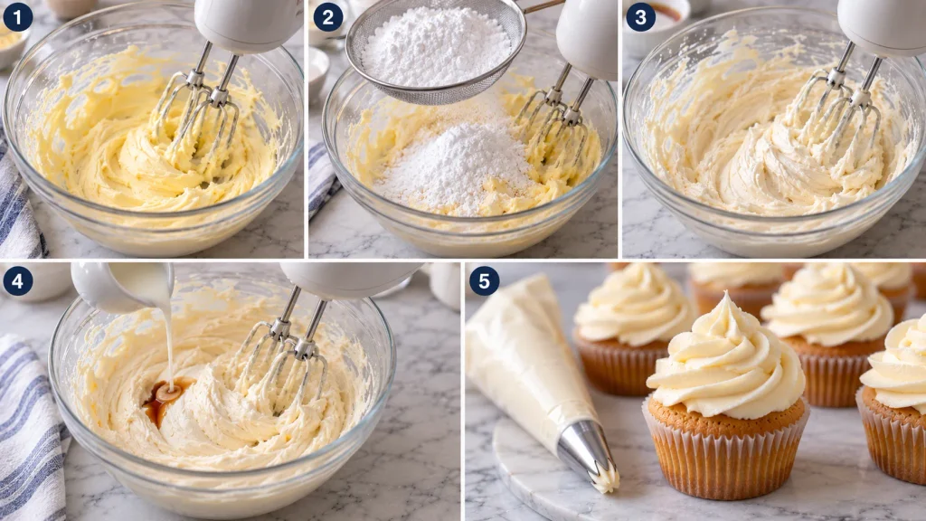 Step-by-step process for making buttercream icing, from beating the butter to piping it onto cupcakes