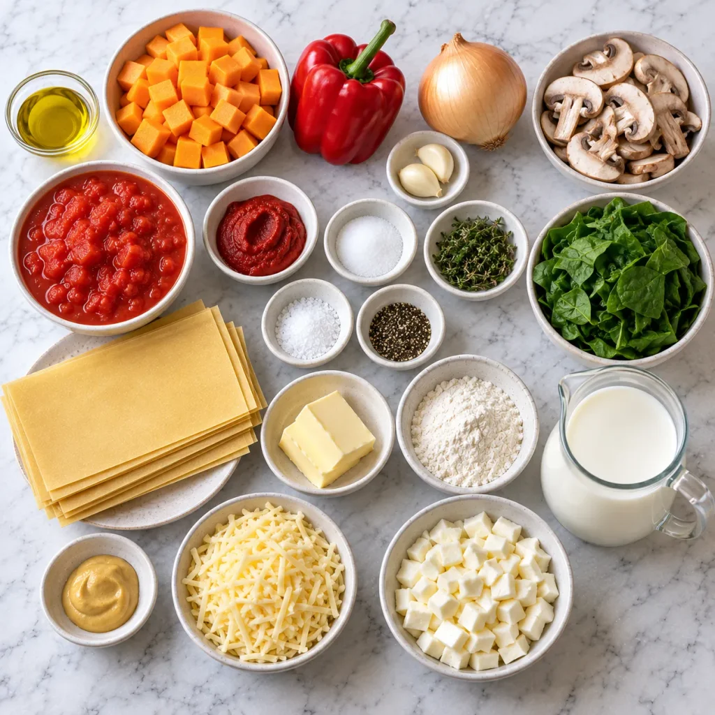 Ingredients for Mary Berry Butternut Squash Lasagne arranged in a flat lay