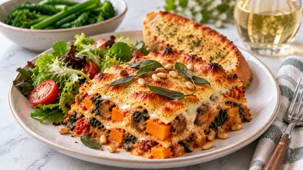 Mary Berry Butternut Squash Lasagne served with green salad and vegetables