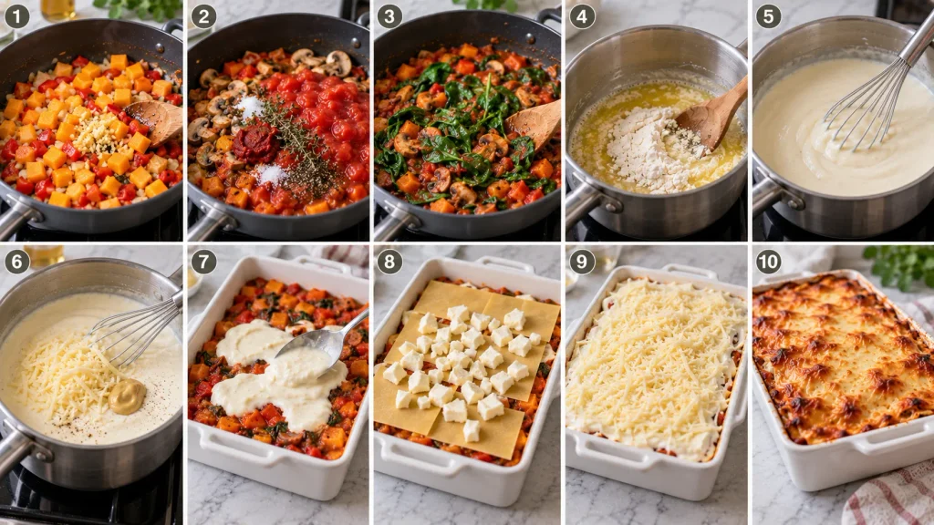 Mary Berry Butternut Squash Lasagne cooking process in numbered steps