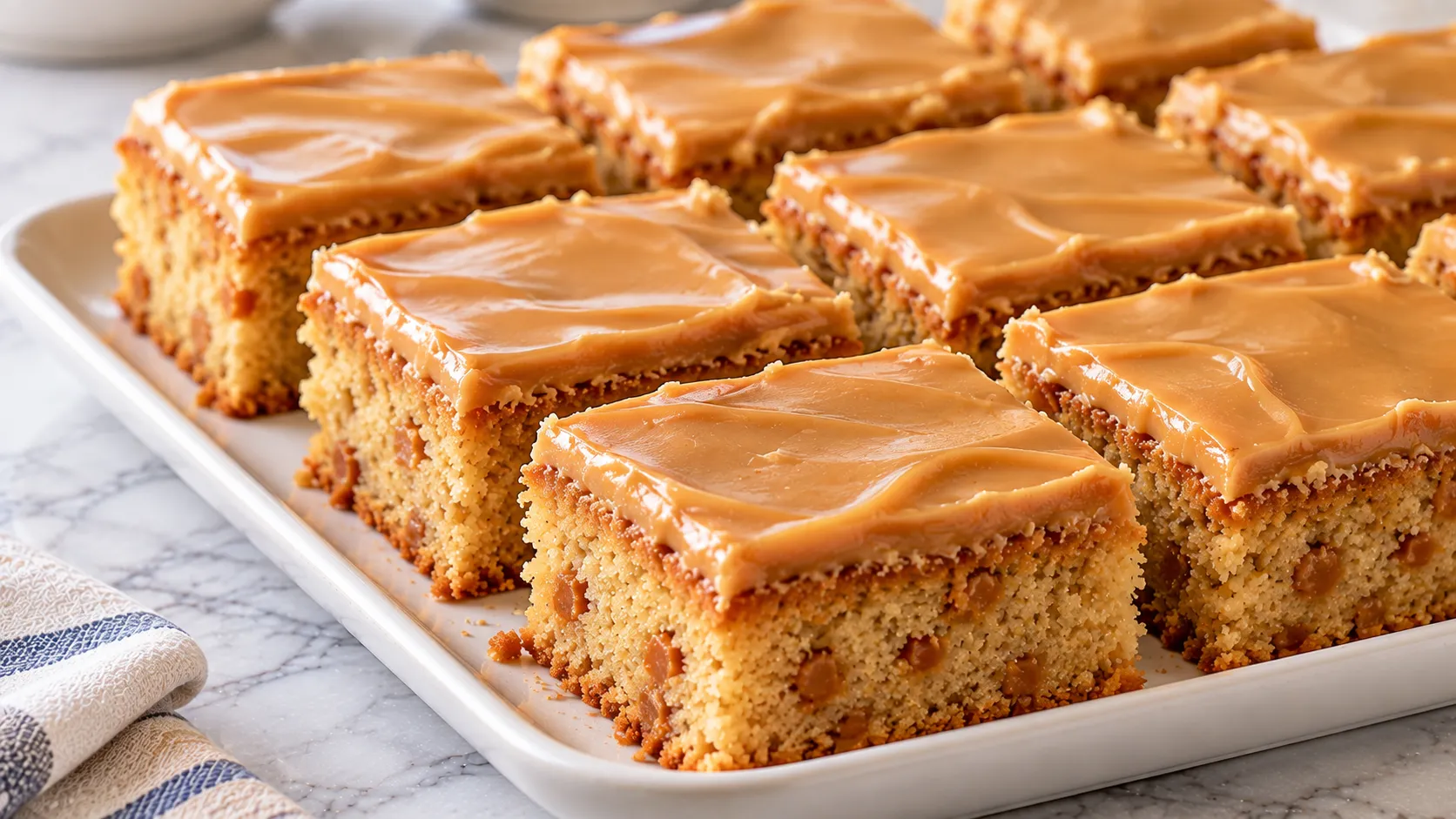 Mary Berry butterscotch traybake sliced into squares showing the caramel icing