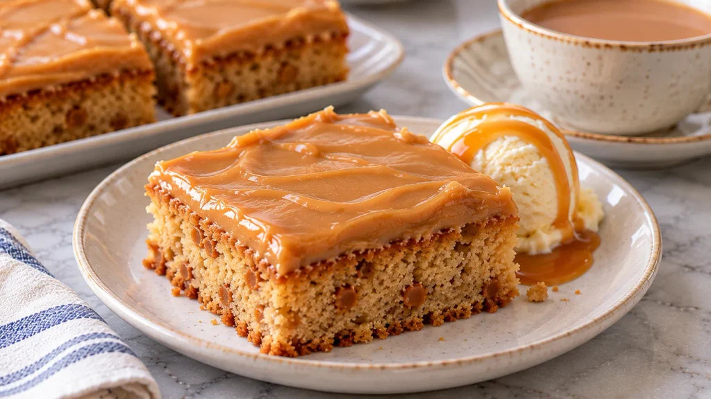 Slice of butterscotch traybake served with a cup of tea