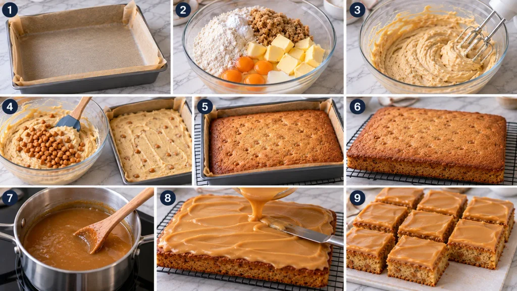 Step-by-step panels showing butterscotch sponge batter being mixed, baked, and topped with caramel icing