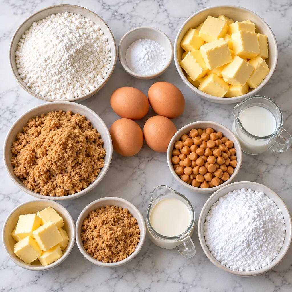 Flat-lay of ingredients for butterscotch traybake including butterscotch chips, brown sugar, and double cream