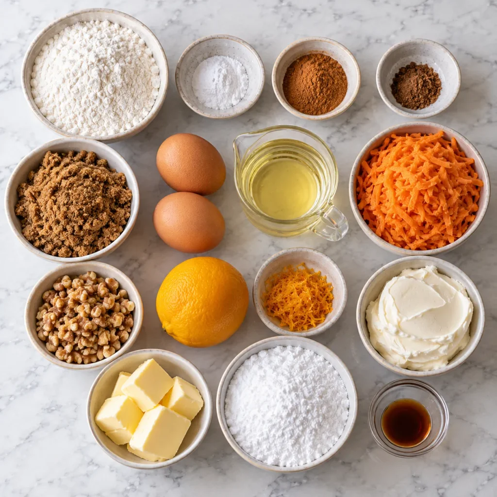 Flat-lay of ingredients for Mary Berry carrot cake cupcakes including grated carrots, flour, eggs, and cream cheese