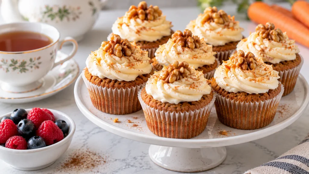 Mary Berry carrot cake cupcakes served on a plate with a light dusting of cinnamon