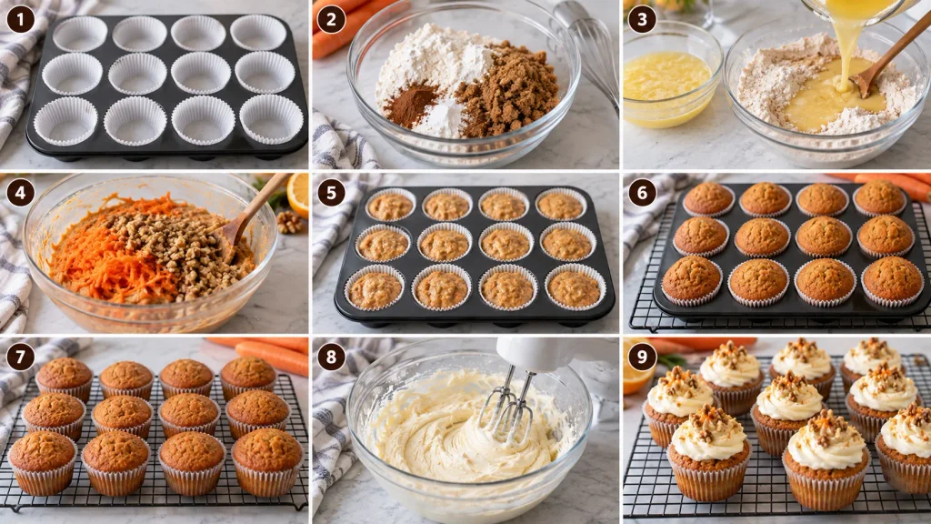 Step-by-step panels showing how to mix, bake, and frost Mary Berry carrot cake cupcakes
