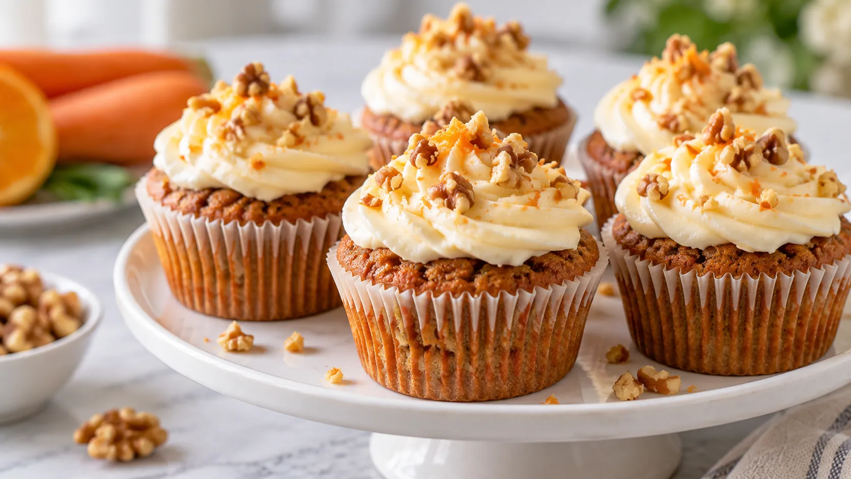 Mary Berry carrot cake cupcakes topped with a swirl of cream cheese frosting