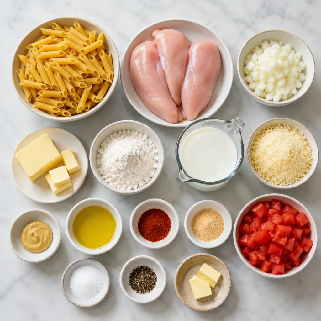 Ingredients for Mary Berry Chicken Pasta Bake including penne pasta, chicken, Parmesan, milk and tomatoes