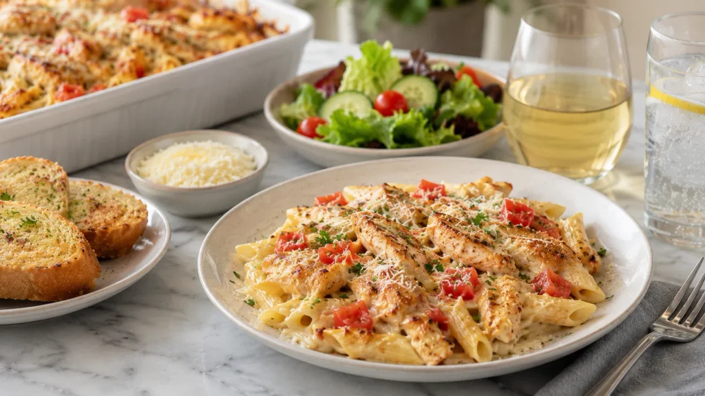 Mary Berry Chicken Pasta Bake served hot with golden topping and fresh tomato garnish