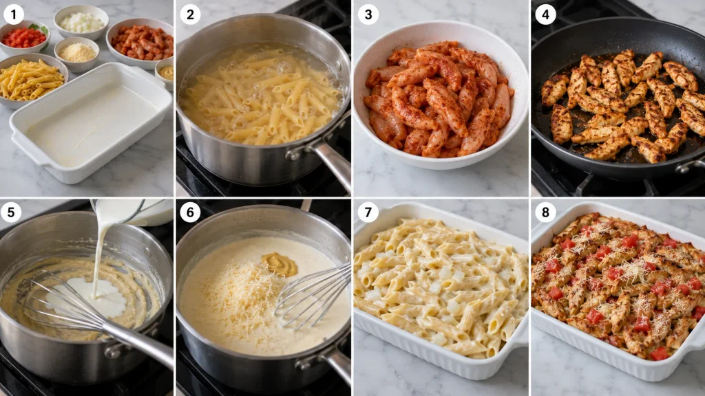 Step-by-step preparation of Mary Berry Chicken Pasta Bake with pasta, seasoned chicken, sauce and baking