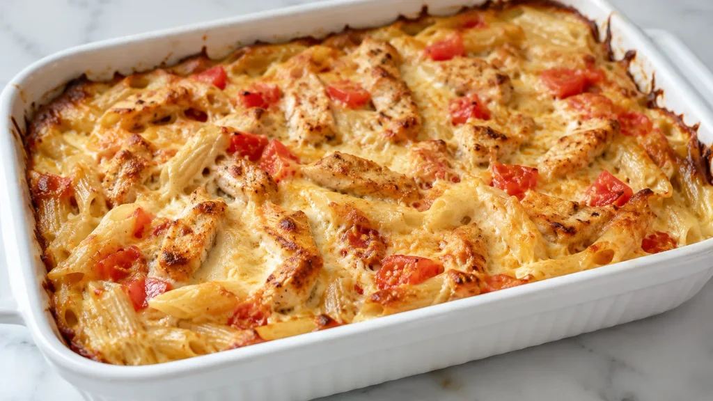 Mary Berry Chicken Pasta Bake with creamy Parmesan sauce, tender chicken and golden topping