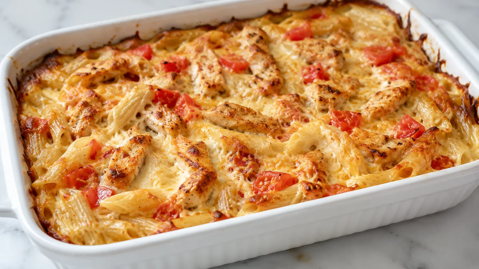 Mary Berry Chicken Pasta Bake with creamy Parmesan sauce, tender chicken and golden topping
