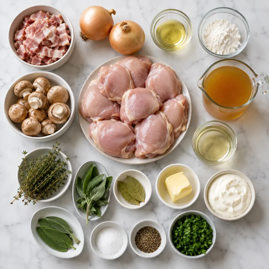 Ingredients for Mary Berry Chicken and Herb Casserole arranged in a flat lay