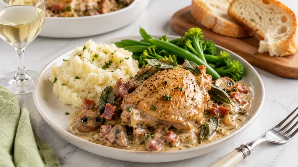 Mary Berry Chicken and Herb Casserole presented ready to serve with fresh herb garnish