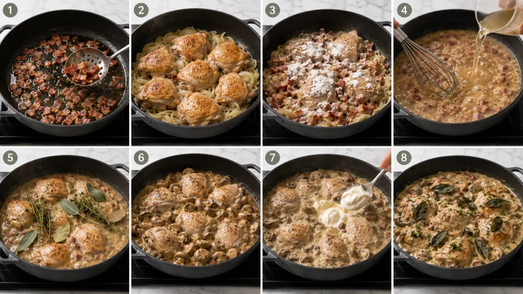 Mary Berry Chicken and Herb Casserole cooking process shown in step-by-step panels