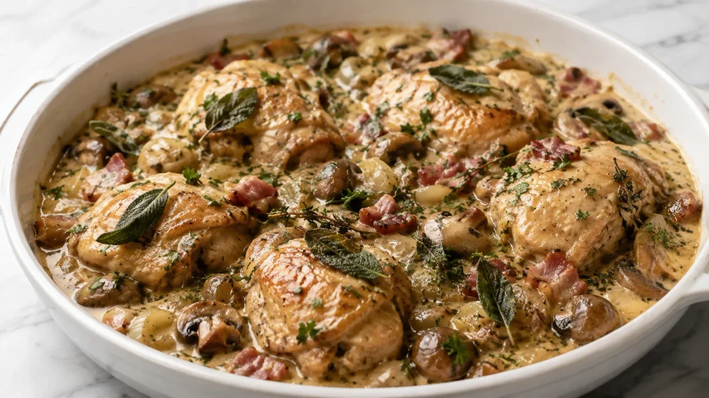 Mary Berry Chicken and Herb Casserole served as a finished one-pot chicken dish