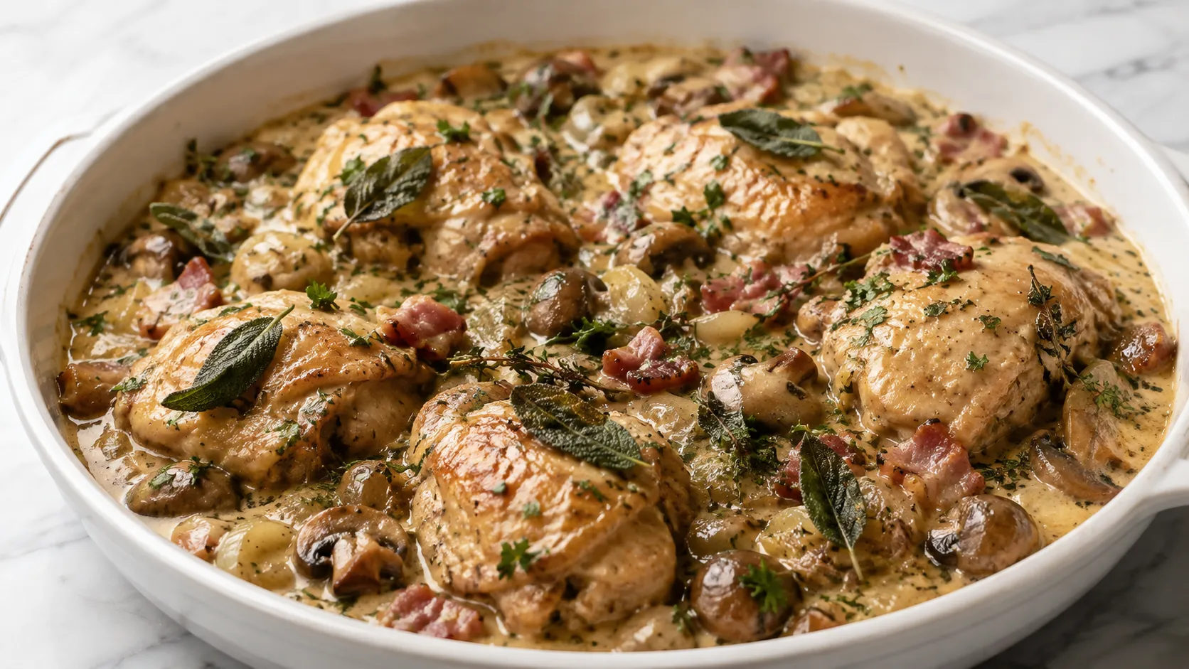 Mary Berry Chicken and Herb Casserole served as a finished one-pot chicken dish