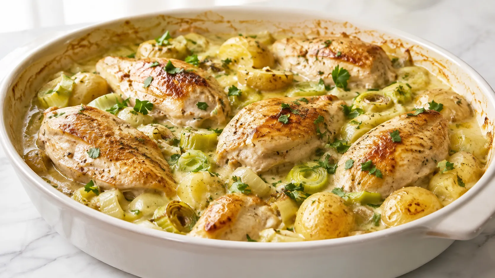 Mary Berry Chicken and Leek Casserole with creamy sauce, chicken, leeks and potatoes
