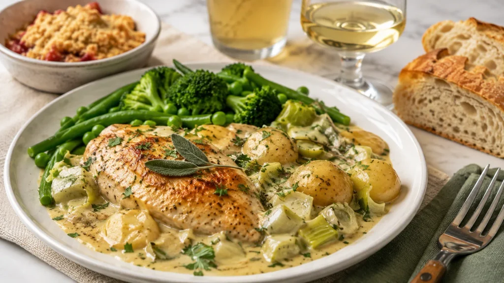 Mary Berry Chicken and Leek Casserole served with green vegetables and fresh parsley