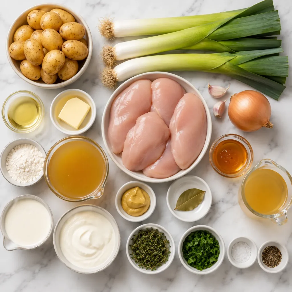 Ingredients for Mary Berry Chicken and Leek Casserole arranged in a flat lay
