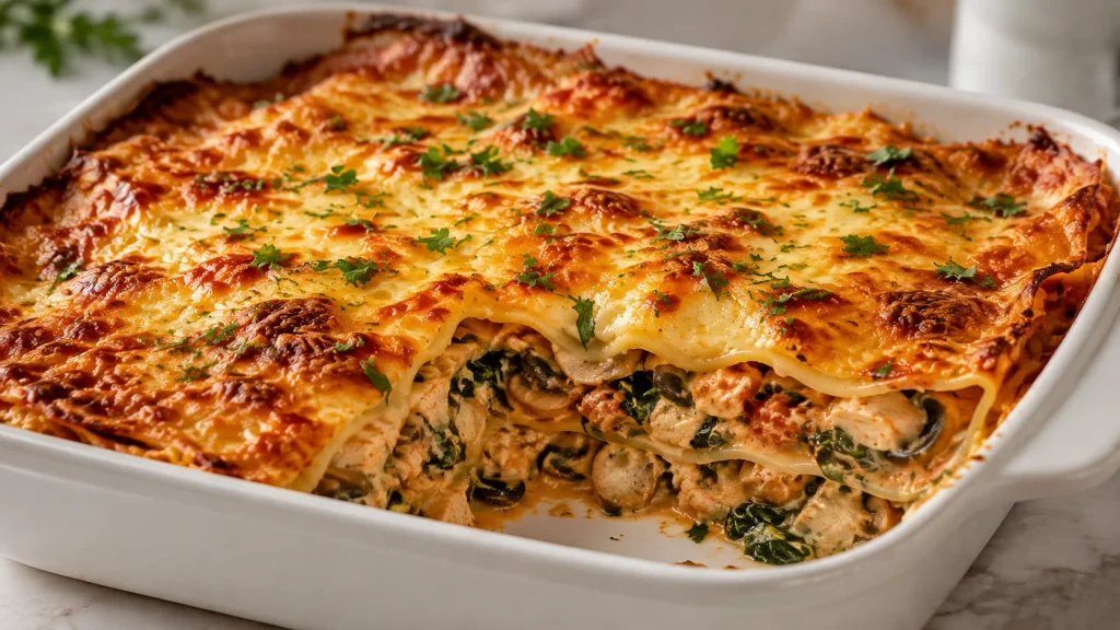 Mary Berry Chicken and Mushroom Lasagne with golden Cheddar topping