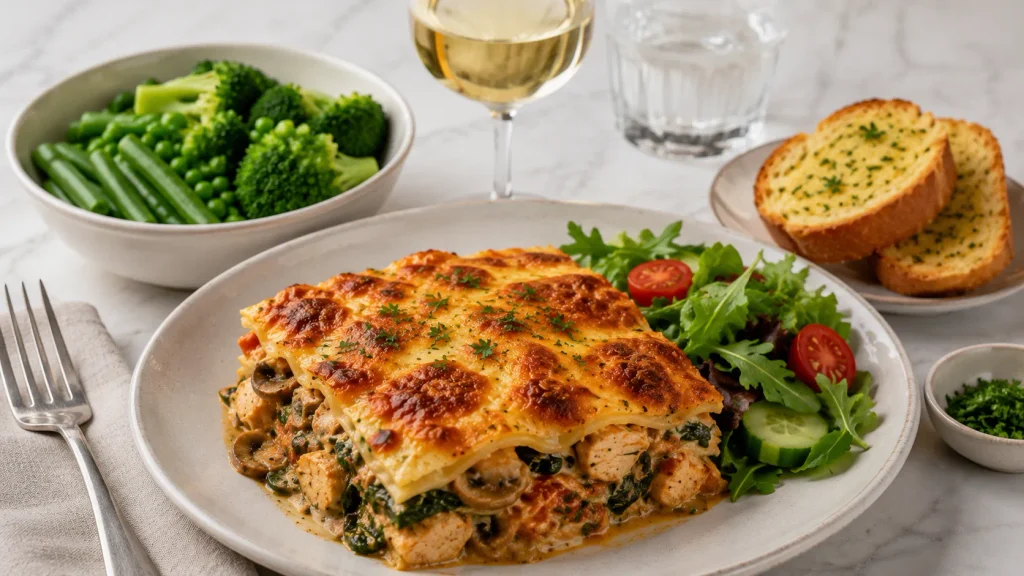 Mary Berry Chicken and Mushroom Lasagne served with green vegetables and parsley