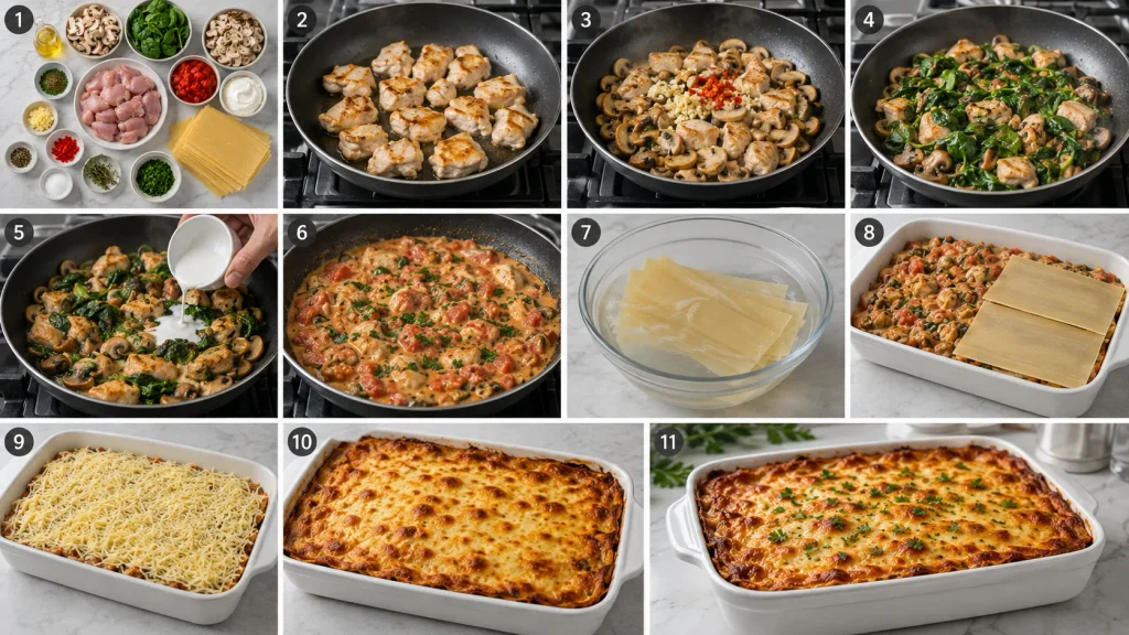 Step-by-step cooking process for Mary Berry Chicken and Mushroom Lasagne