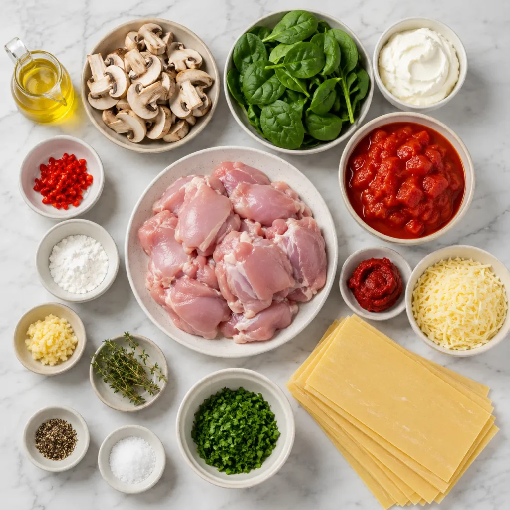 Ingredients for Mary Berry Chicken and Mushroom Lasagne arranged in a flat lay