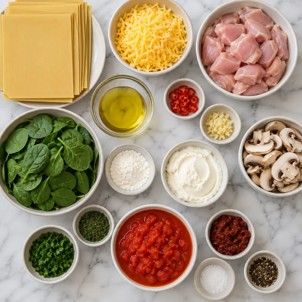 Ingredients for Mary Berry Chicken and Spinach Lasagne arranged for preparation