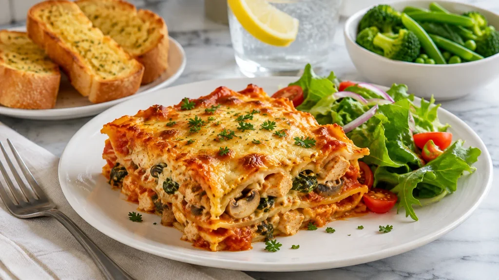 Chicken and spinach lasagne served with fresh parsley and side dishes