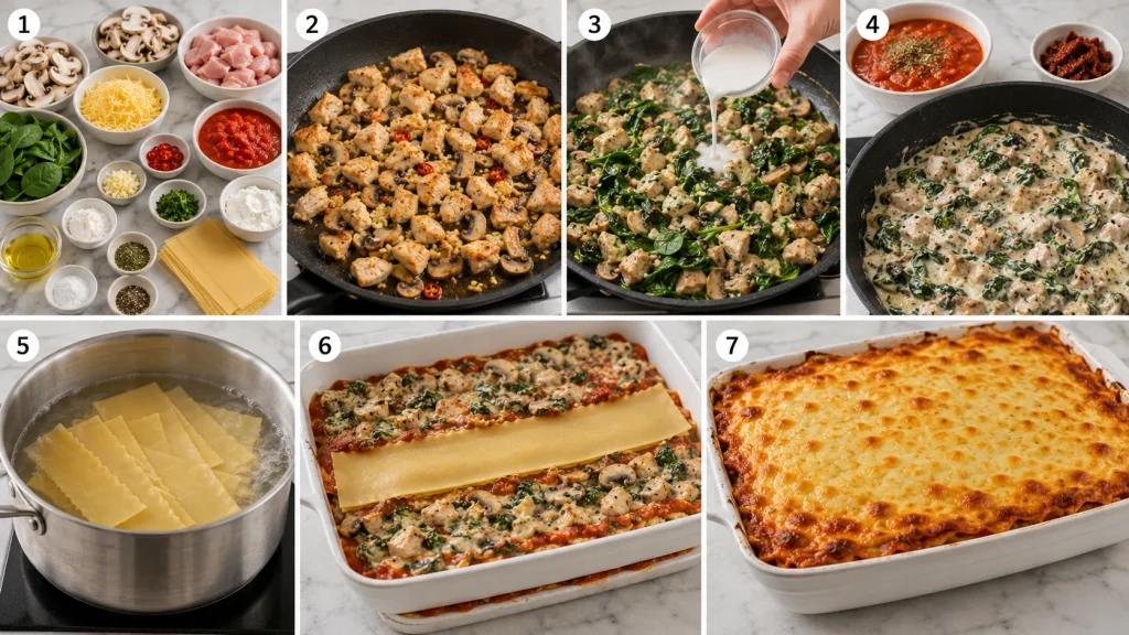 Step-by-step preparation of Mary Berry Chicken and Spinach Lasagne