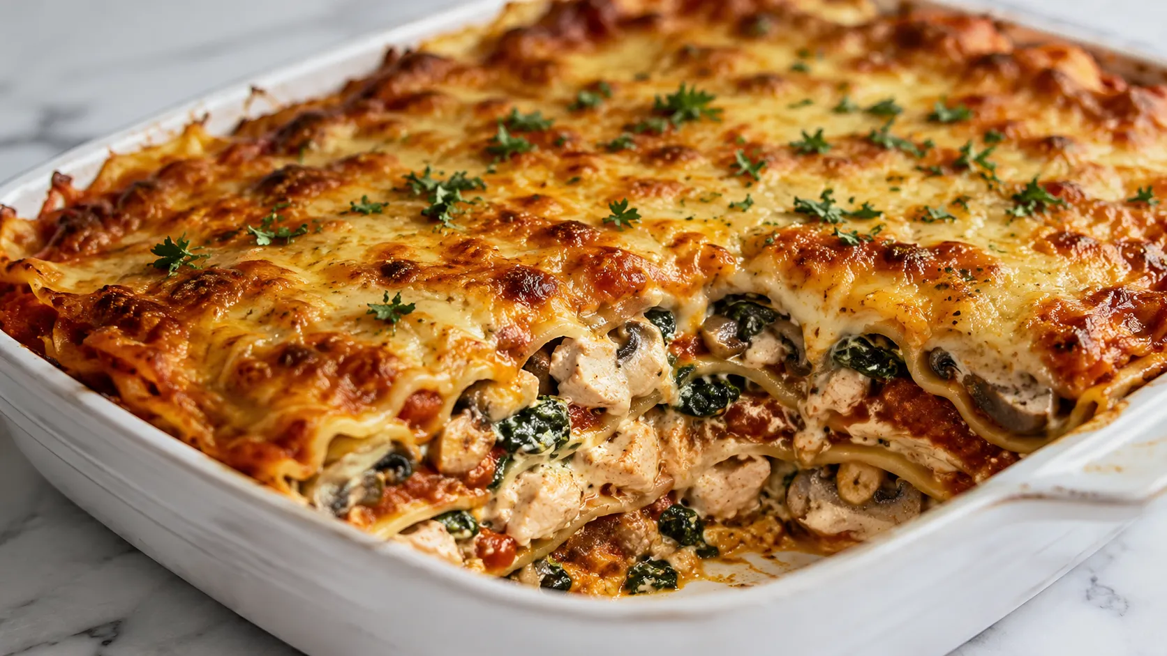Mary Berry Chicken and Spinach Lasagne with a golden Cheddar topping