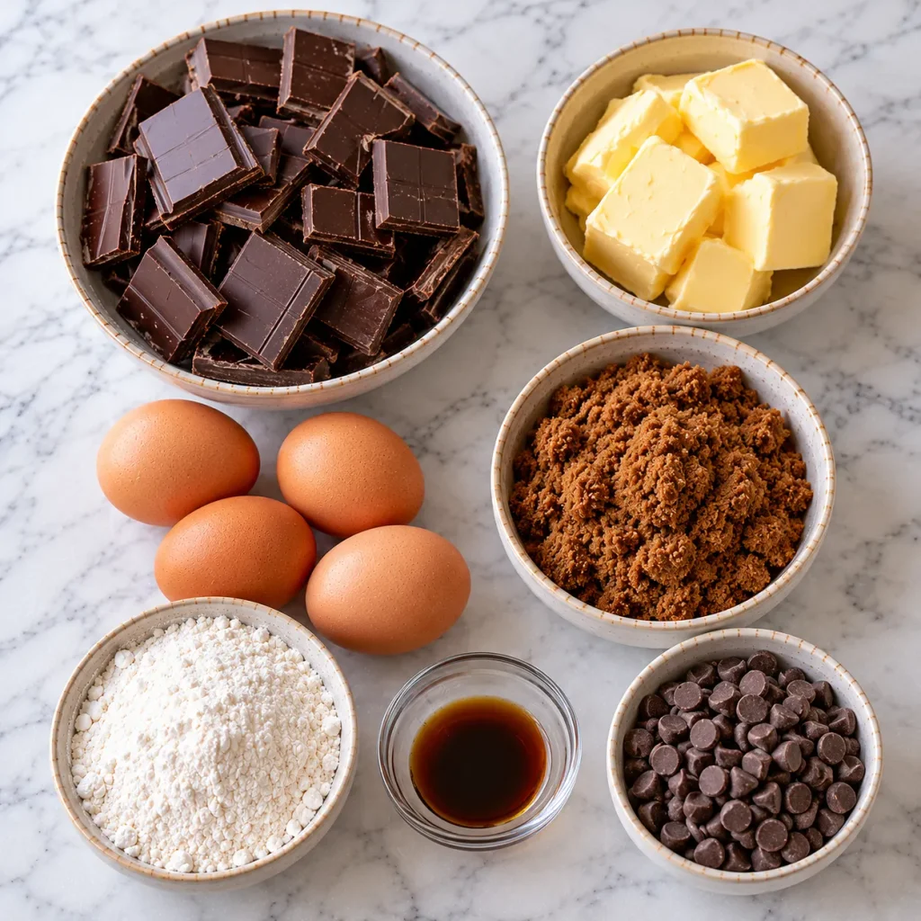 Flat lay of brownie ingredients including plain chocolate, butter, light muscovado sugar, eggs, self-raising flour, vanilla extract and chocolate chips