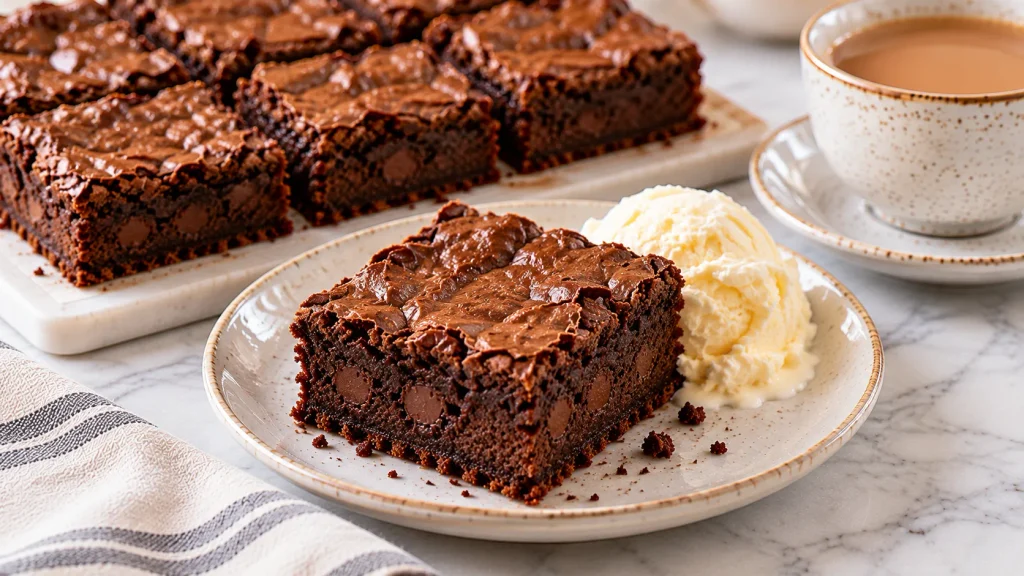 Chocolate brownie traybake squares ready to serve