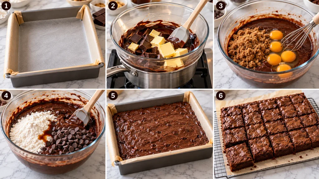 Step-by-step panels showing how to make chocolate brownie traybake, from melting chocolate and butter to baking and cooling