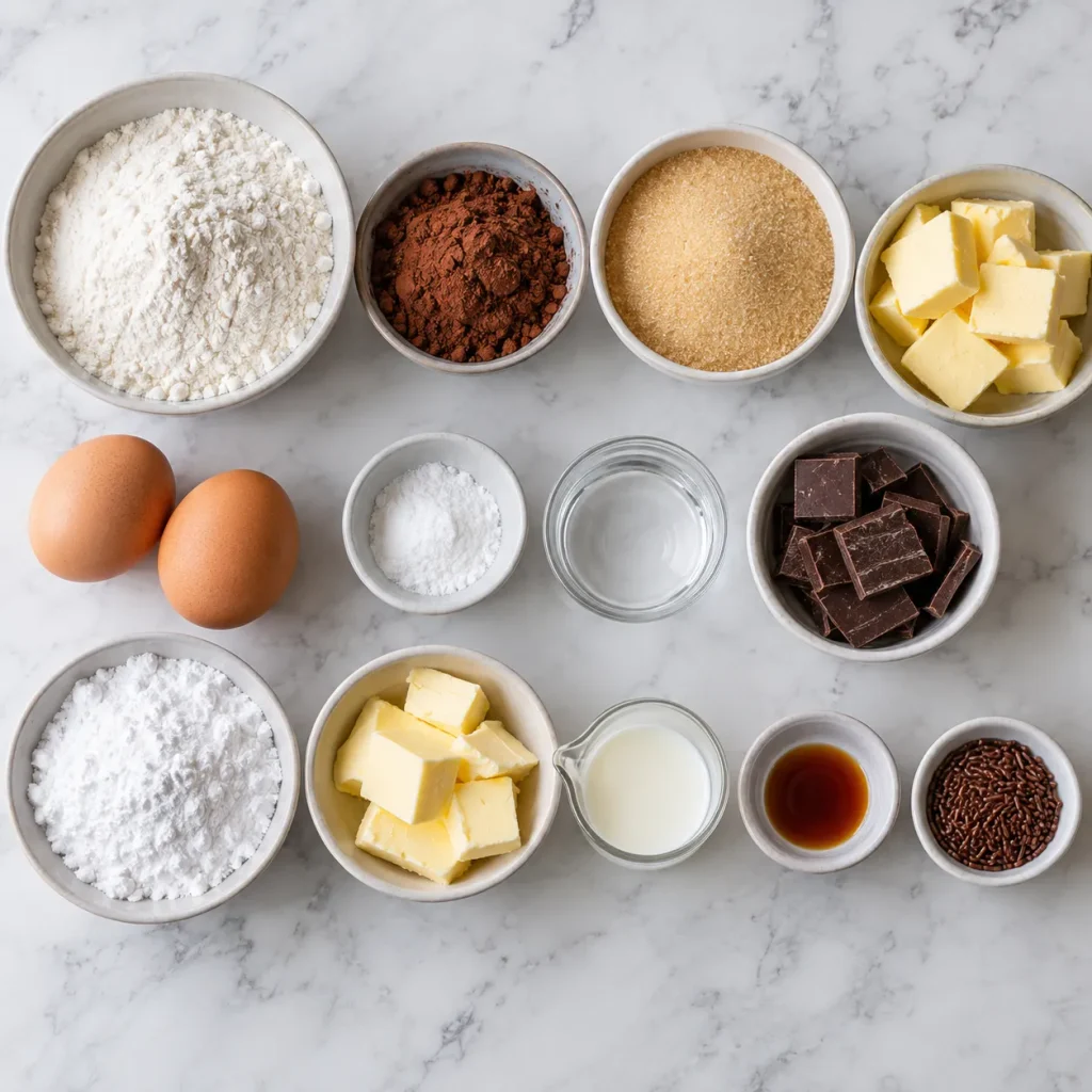 Flat-lay of ingredients for Mary Berry chocolate cupcakes including flour, cocoa powder, butter, eggs, and icing sugar