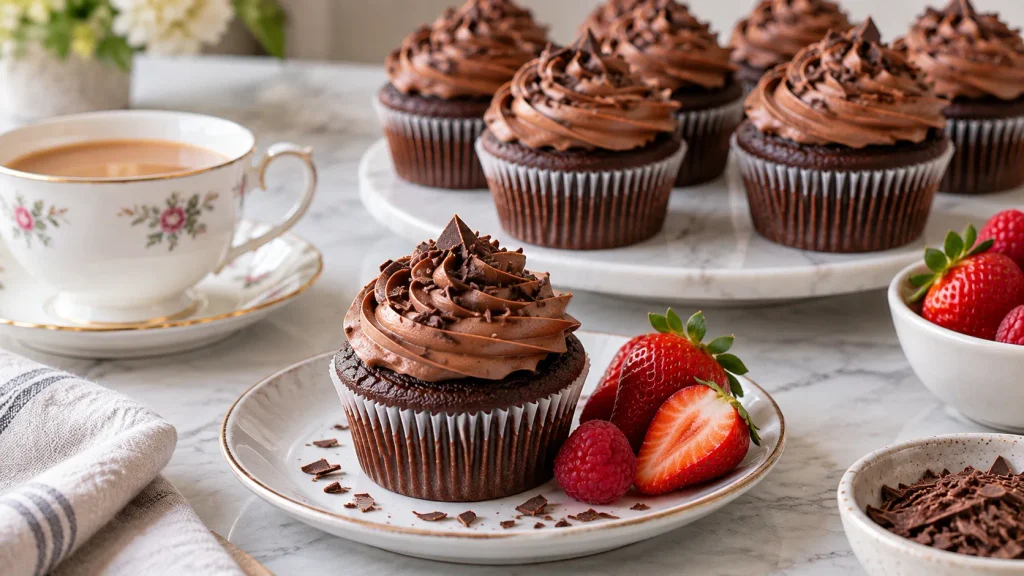 Mary Berry chocolate cupcakes served on a plate with chocolate decorations and sprinkles