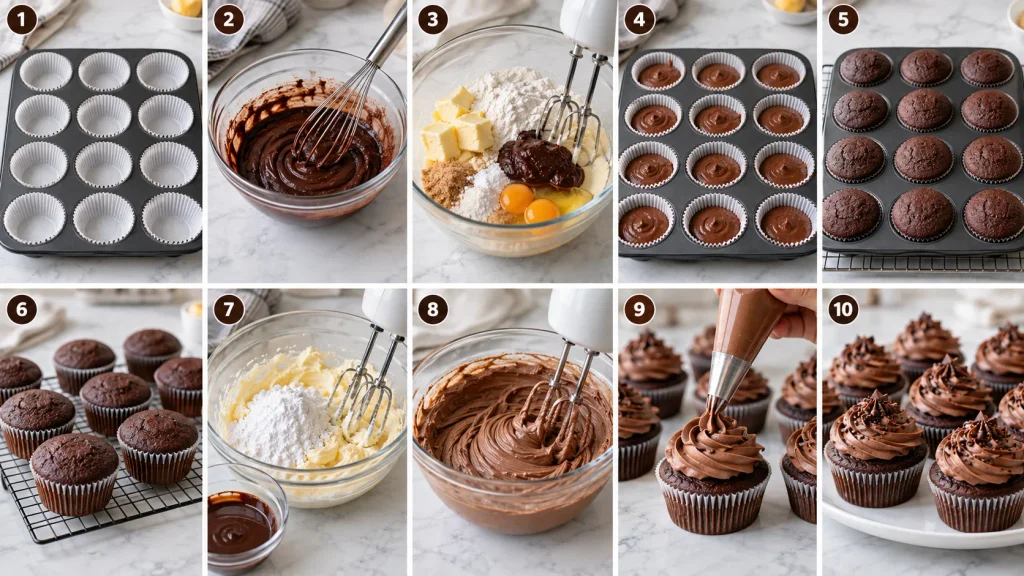 Step-by-step panels showing how to mix, bake, and ice Mary Berry chocolate cupcakes