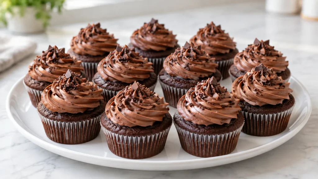 Mary Berry chocolate cupcakes topped with piped chocolate buttercream swirls