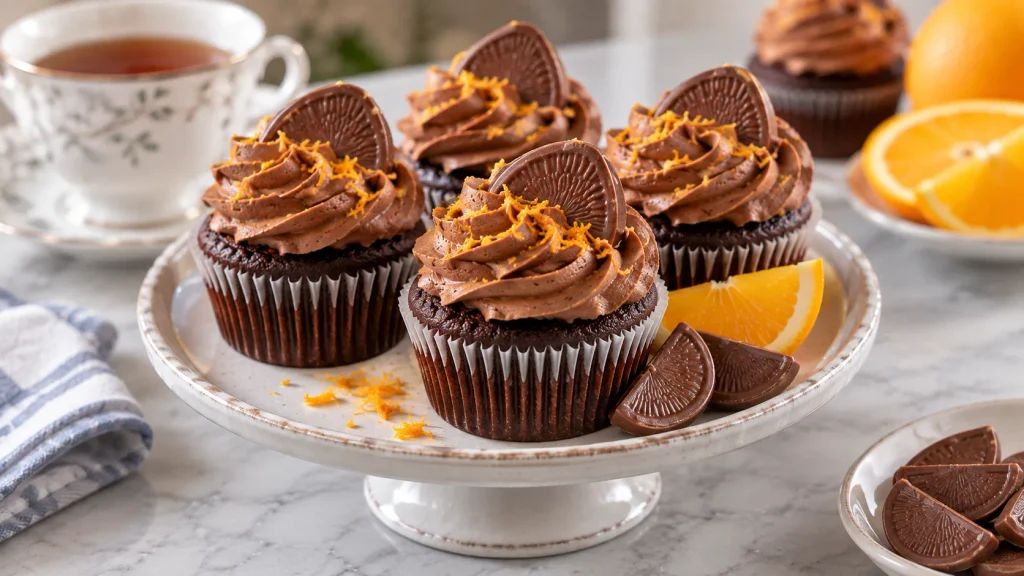 Chocolate orange cupcakes with buttercream and Terry’s Chocolate Orange segments served for afternoon tea